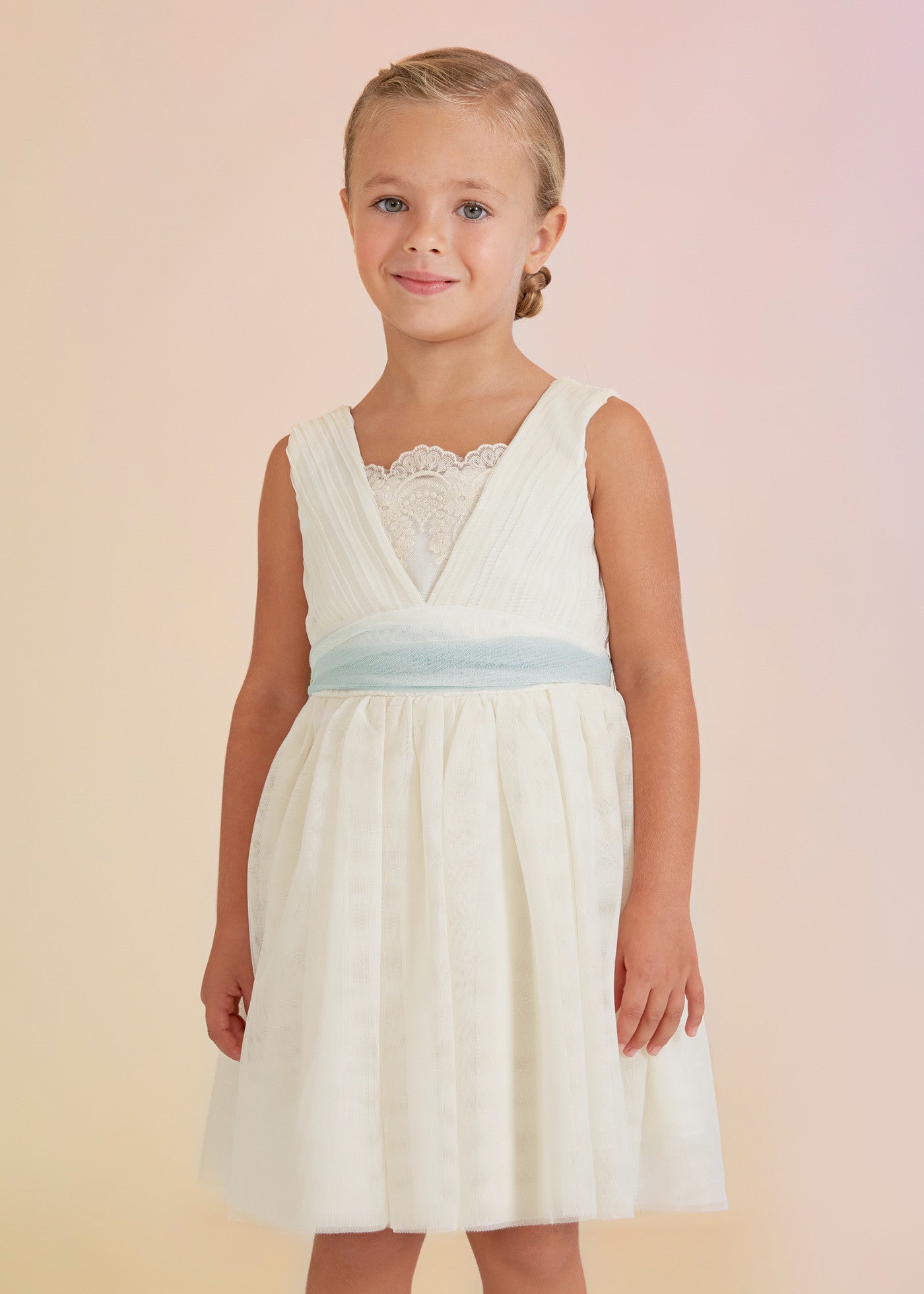 Abel & Lula 5033-4 Sukienka plisowana z tiulem dziewczynka kolor ecru-anise - - #tag1# - #tag2# - #tag3# - #tag4#