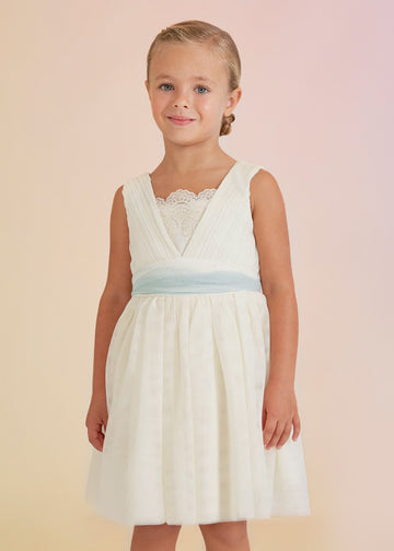 Abel & Lula 5033-4 Sukienka plisowana z tiulem dziewczynka kolor ecru-anise - - #tag1# - #tag2# - #tag3# - #tag4#
