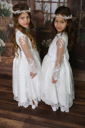 Sukienka koronkowa z kokardą dziewczęca krem MałaMi 1877-5326-28