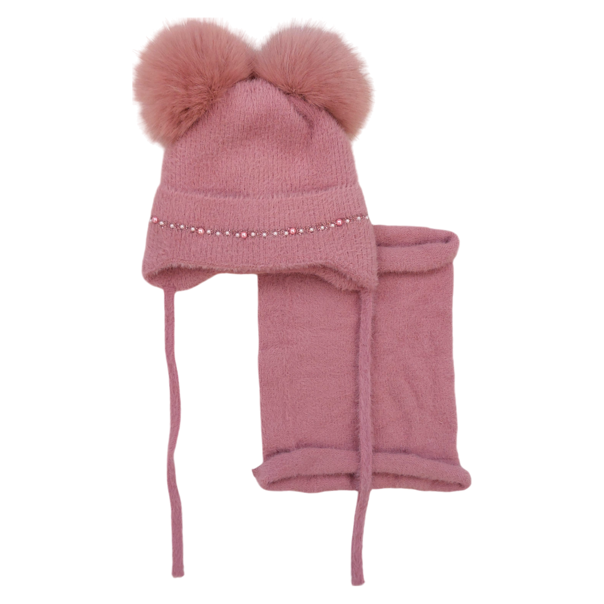 Set of hat with snood 2 pompoms girl's heather Ambra D68-241024-47