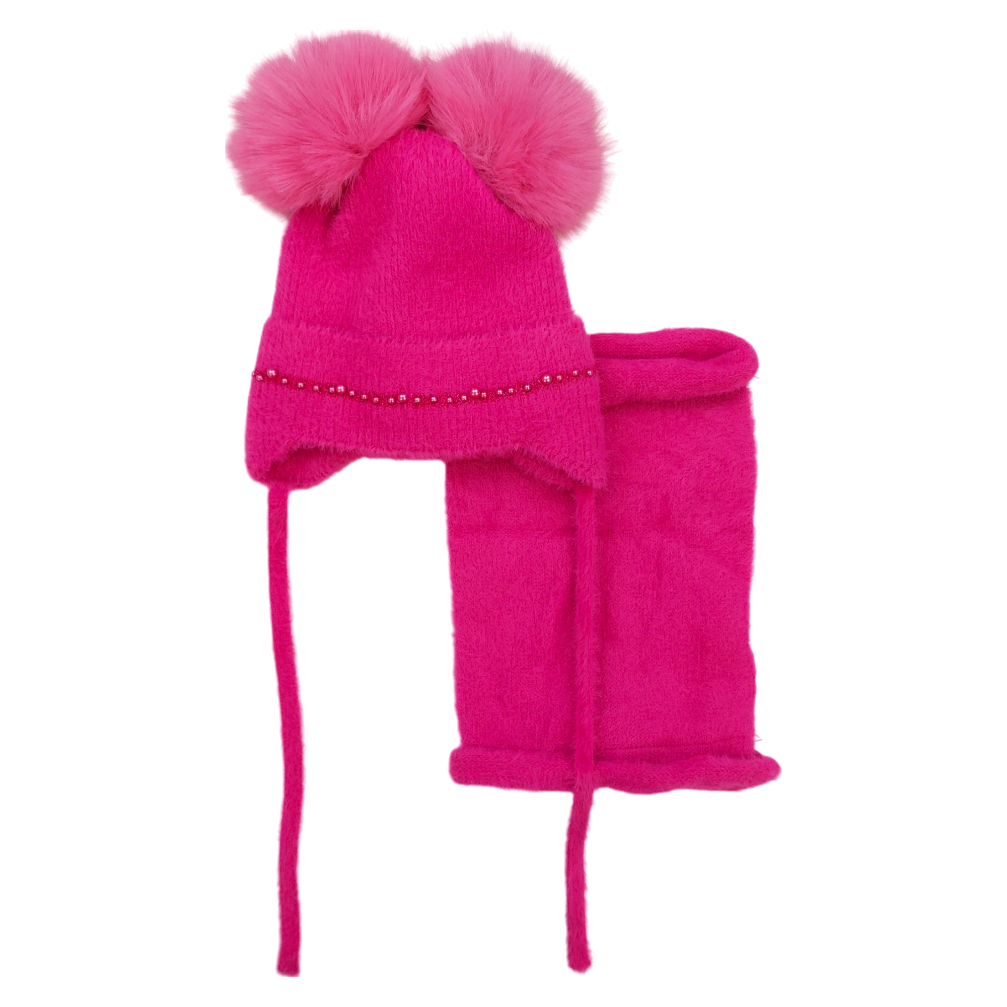 Set of hat with snood 2 pompoms girl's fuchsia Ambra D68-241024-21