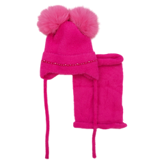 Set of hat with snood 2 pompoms girl's fuchsia Ambra D68-241024-21