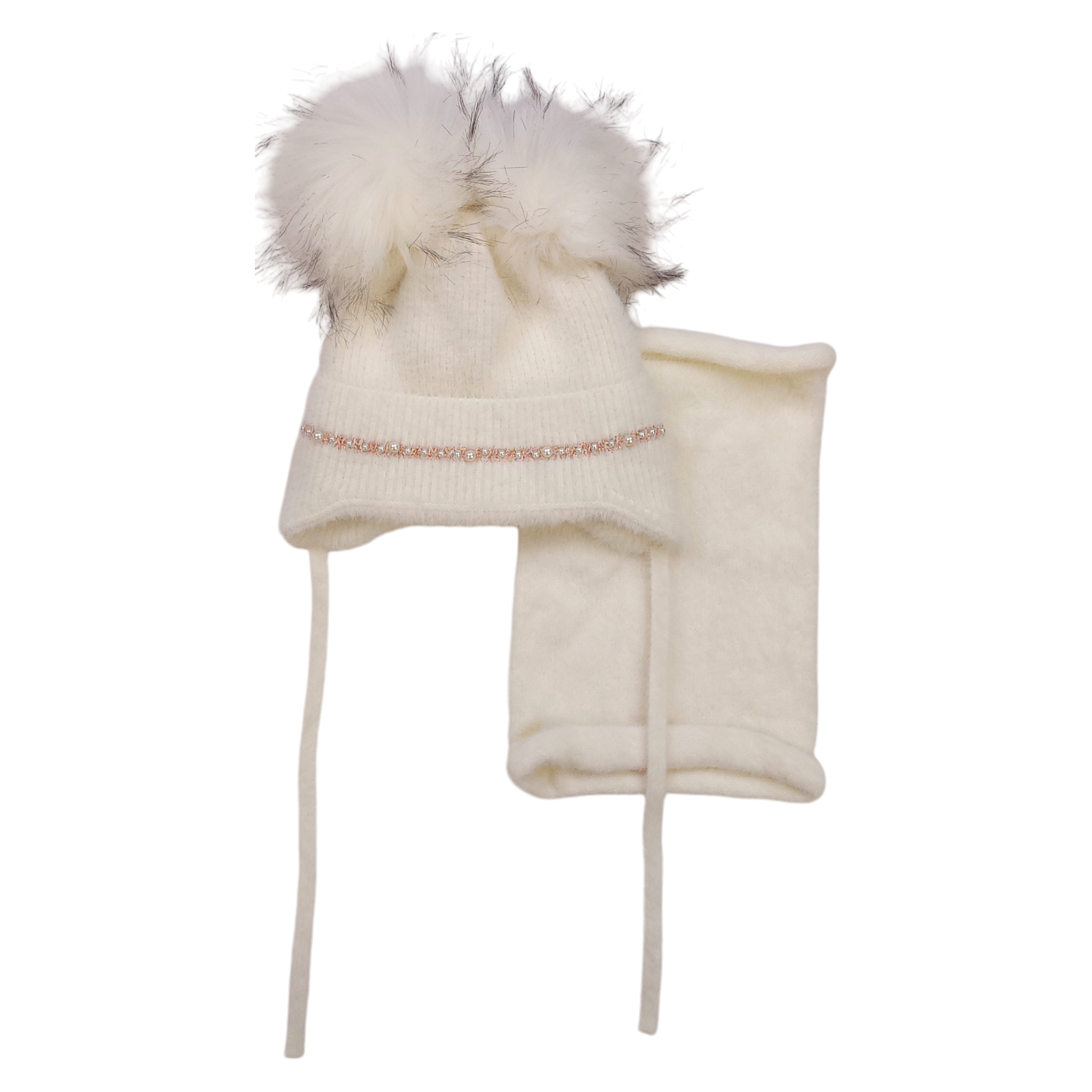 Set of hat with snood 2 pompoms girl cream Ambra D68-241024-28