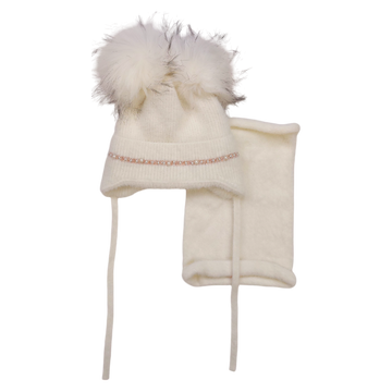 Set of hat with snood 2 pompoms girl cream Ambra D68-241024-28