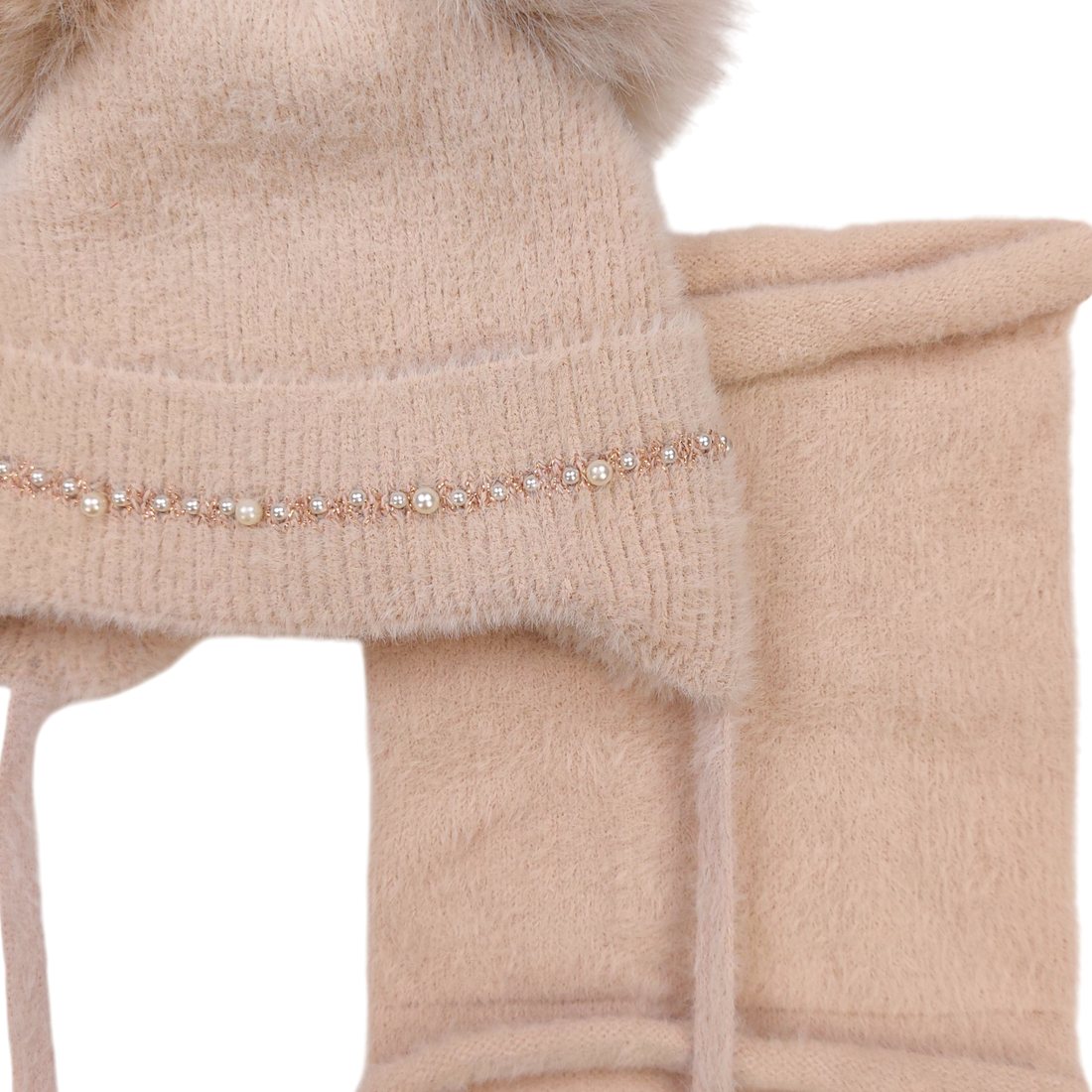 Set of hat with snood 2 pompoms girl beige Ambra D68-241024-40
