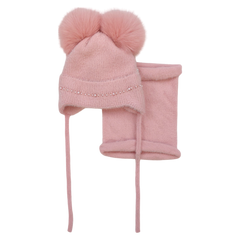 Set of hat with snood 2 pompoms girly powder pink Ambra D68-241024-39