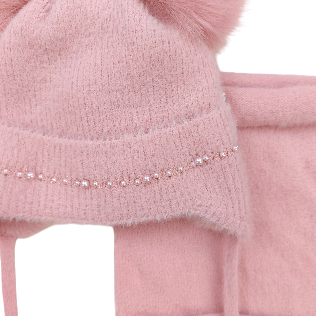 Set of hat with snood 2 pompoms girly powder pink Ambra D68-241024-39