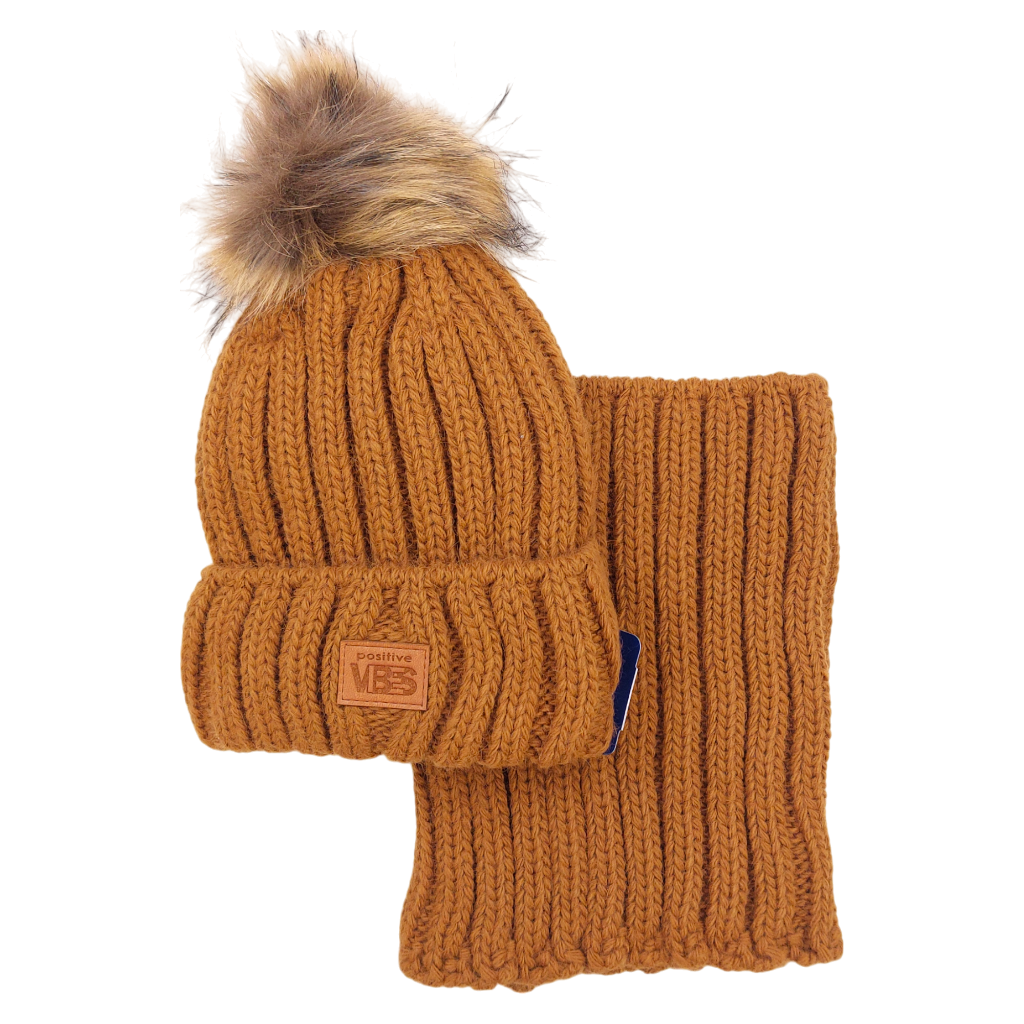 Set of hat with a snood with a pompom for boys camel Agbo K-41-241024-6