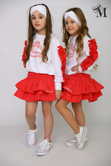 Komplet bluza plus spódnica z falbanami dziewczęcy koral Małami 2774-27226