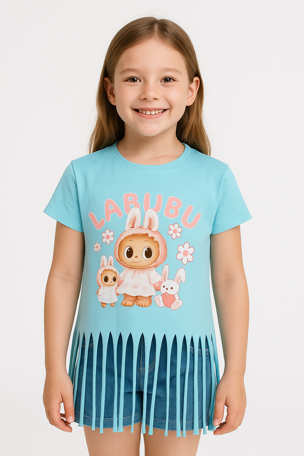 Girls' doll t-shirt with fringes, mint Children fashion 3417-2725-32