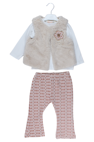 Komplet 3-częściowy z kamizelką futro dziewczęcy beżowy Baby Rose 7857-28825-1