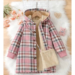 Autumn coat with a bag in a checkered pattern for girls, pink Guliwerkids T1005-24924