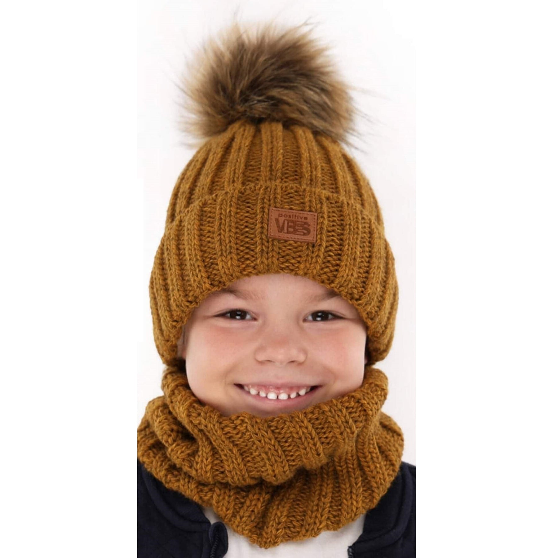 Set of a hat with a snood with a pompom for boys mustard Agbo K-41-241024-60