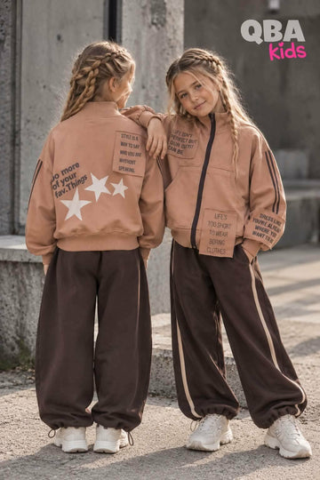 Bluza rozsuwana napisy dziewczynka cappuccino QbaKids 9117-18926-7