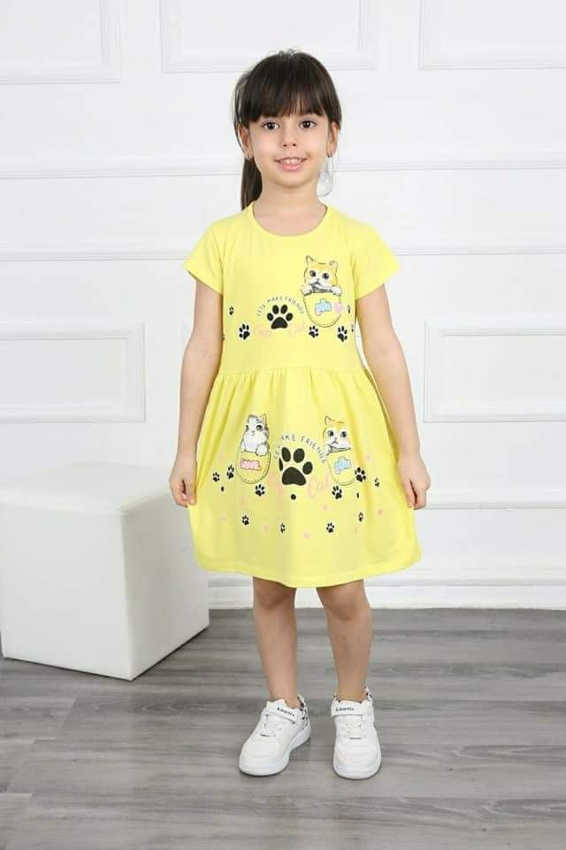 Cotton Dress Cats girl yellow 1414-27524 GKMOD