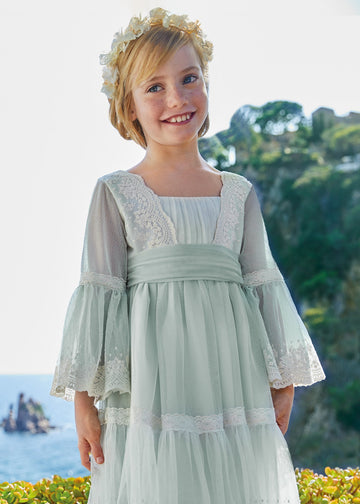 Abel & Lula 5036-55 Sukienka z haftowanym tiulem dziewczynka kolor ecru-anise